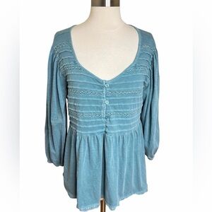 LOGO by Lori Goldstein Top Womens M Blue Cotton Babydoll Pintuck Detail Boho